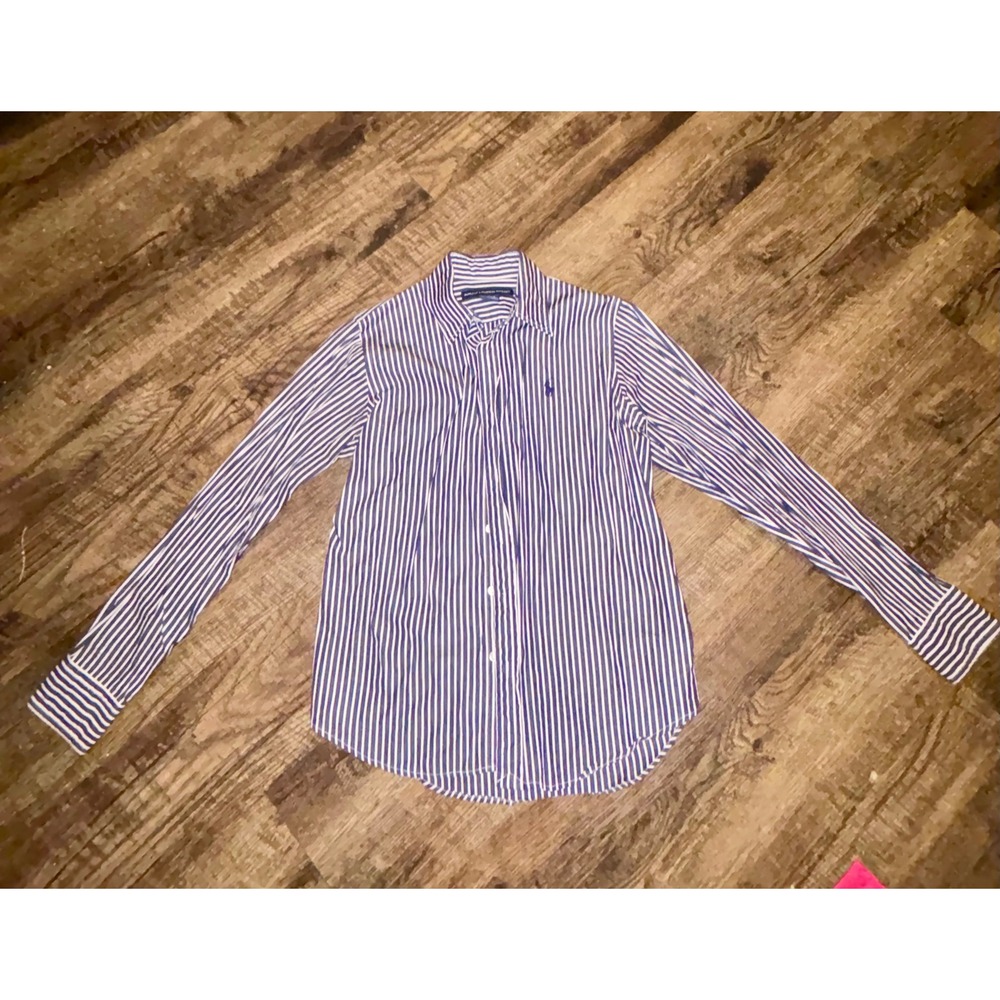 Ralph Lauren Sport Womens Striped Button Down Shirt Navy Blue White Size 10